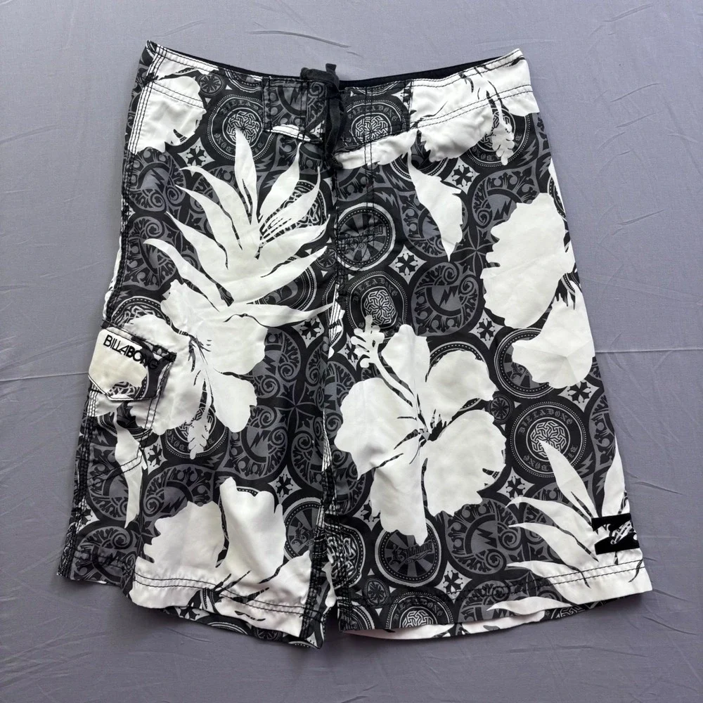 Billabong Mens Board Shorts Size 32 Black White Hibiscus Floral Tribal Y2K Vtg